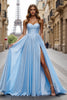 Load image into Gallery viewer, Blue Satin A Line Sweetheart Maxi Prom Dress with Slit