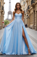 Load image into Gallery viewer, Blue Satin A Line Sweetheart Maxi Prom Dress with Slit