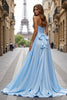 Load image into Gallery viewer, Blue Satin A Line Sweetheart Maxi Prom Dress with Slit