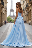 Load image into Gallery viewer, Blue Satin A Line Sweetheart Maxi Prom Dress with Slit