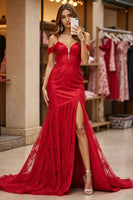 Load image into Gallery viewer, Red Lace Corset Mermaid Maxi Prom Dress with Slit