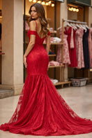 Load image into Gallery viewer, Red Lace Corset Mermaid Maxi Prom Dress with Slit