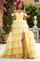 Load image into Gallery viewer, Yellow Tulle Ball Gown Tiered Maxi Prom Dress with Slit