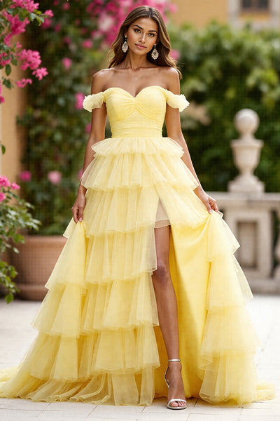 Yellow Tulle Ball Gown Tiered Maxi Prom Dress with Slit