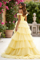 Load image into Gallery viewer, Yellow Tulle Ball Gown Tiered Maxi Prom Dress with Slit