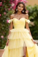 Load image into Gallery viewer, Yellow Tulle Ball Gown Tiered Maxi Prom Dress with Slit