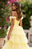 Load image into Gallery viewer, Yellow Tulle Ball Gown Tiered Maxi Prom Dress with Slit