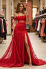 Load image into Gallery viewer, Red Cold Shoulder Maxi Lace Prom Dress with Slit