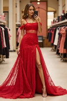 Load image into Gallery viewer, Red Cold Shoulder Maxi Lace Prom Dress with Slit