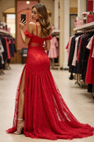 Load image into Gallery viewer, Red Cold Shoulder Maxi Lace Prom Dress with Slit