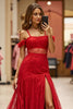 Load image into Gallery viewer, Red Cold Shoulder Maxi Lace Prom Dress with Slit