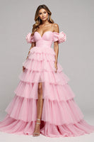 Load image into Gallery viewer, Pink Floral Tulle A Line Maxi Prom Dress with Slit