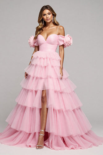 Pink Floral Tulle A Line Maxi Prom Dress with Slit