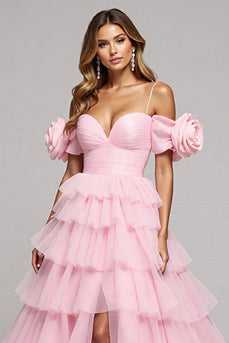 Pink Floral Tulle A Line Maxi Prom Dress with Slit