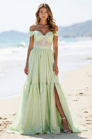 Load image into Gallery viewer, Green A Line Off the Shoulder Maxi Prom Dress with Slit