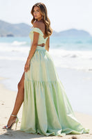 Load image into Gallery viewer, Green A Line Off the Shoulder Maxi Prom Dress with Slit