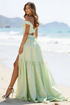 Green A Line Off the Shoulder Maxi Prom Dress with Slit