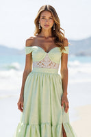 Load image into Gallery viewer, Green A Line Off the Shoulder Maxi Prom Dress with Slit