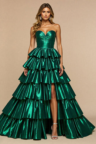 Dark Green A Line Satin Tiered Maxi Prom Dress with Slit