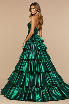 Dark Green A Line Satin Tiered Maxi Prom Dress with Slit