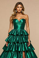 Load image into Gallery viewer, Dark Green A Line Satin Tiered Maxi Prom Dress with Slit