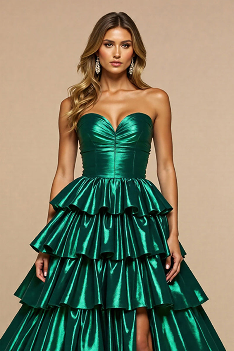 Load image into Gallery viewer, Dark Green A Line Satin Tiered Maxi Prom Dress with Slit
