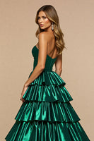 Load image into Gallery viewer, Dark Green A Line Satin Tiered Maxi Prom Dress with Slit