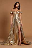 Load image into Gallery viewer, Golden A Line Metallic Ruffled Maxi Prom Dress with Slit
