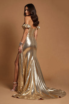 Golden A Line Metallic Ruffled Maxi Prom Dress with Slit