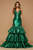Load image into Gallery viewer, Dark Green Satin Mermaid Maxi Prom Dress with Ruffles