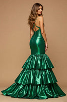 Load image into Gallery viewer, Dark Green Satin Mermaid Maxi Prom Dress with Ruffles