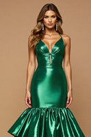 Load image into Gallery viewer, Dark Green Satin Mermaid Maxi Prom Dress with Ruffles