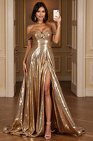 Load image into Gallery viewer, Golden A Line Metallic Maxi Prom Dress with Slit