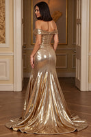 Load image into Gallery viewer, Golden A Line Metallic Maxi Prom Dress with Slit