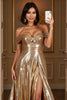 Load image into Gallery viewer, Golden A Line Metallic Maxi Prom Dress with Slit