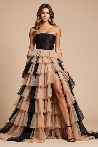Black and Pink Tulle A Line Maxi Prom Dress with Slit