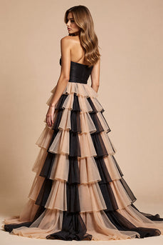 Black and Pink Tulle A Line Maxi Prom Dress with Slit
