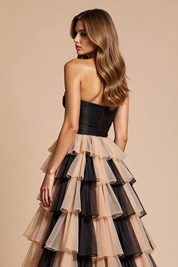 Black and Pink Tulle A Line Maxi Prom Dress with Slit