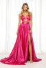 Load image into Gallery viewer, Fuchsia Satin A Line Maxi Prom Dress with Slit