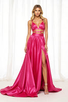 Load image into Gallery viewer, Fuchsia Satin A Line Maxi Prom Dress with Slit