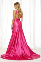 Load image into Gallery viewer, Fuchsia Satin A Line Maxi Prom Dress with Slit