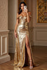 Load image into Gallery viewer, Metallic Golden Sheath Maxi Prom Dress with Slit
