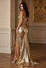 Load image into Gallery viewer, Metallic Golden Sheath Maxi Prom Dress with Slit