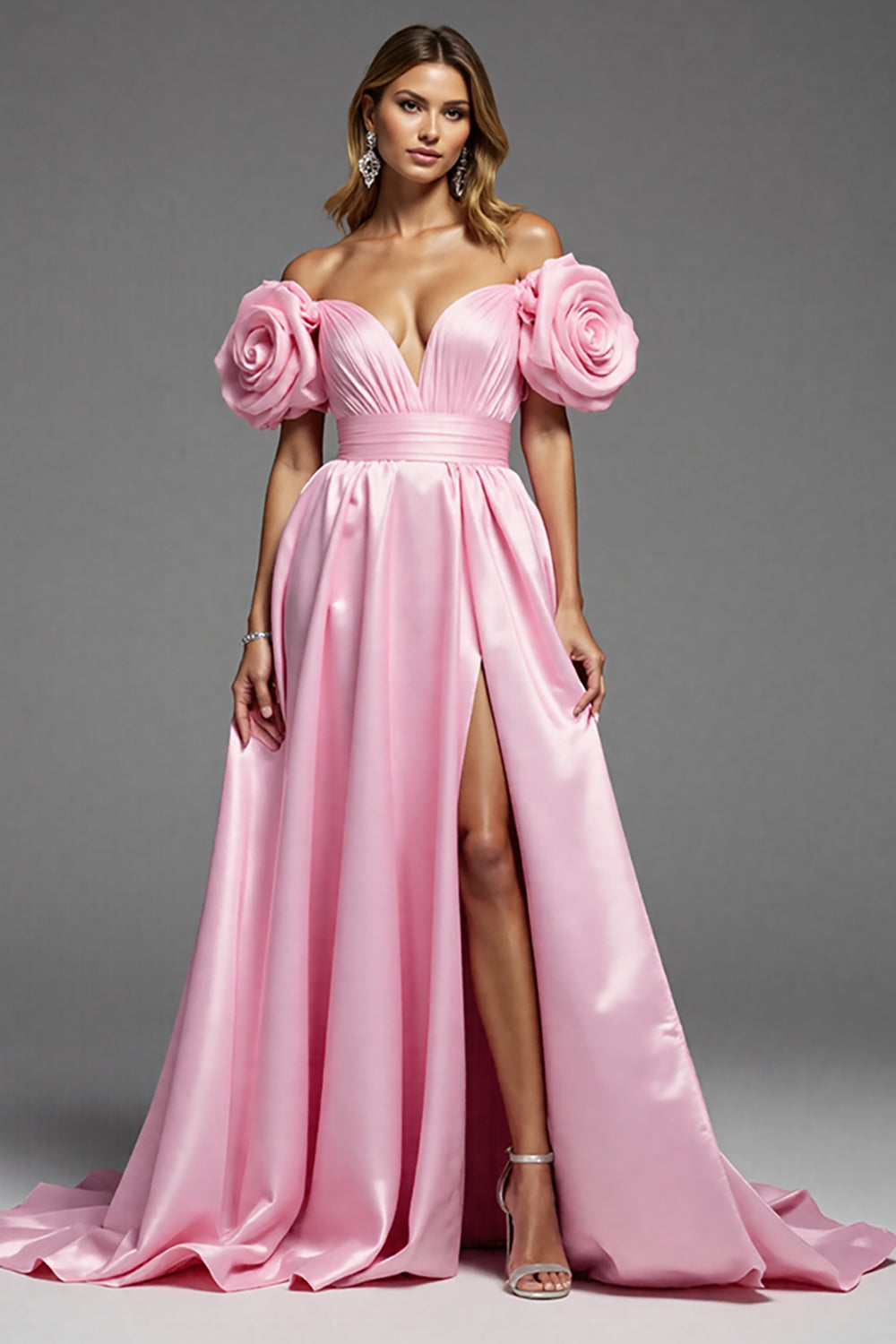 Pink Satin Floral A Line Maxi Prom Dress with Slit
