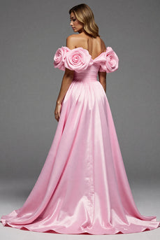 Pink Satin Floral A Line Maxi Prom Dress with Slit