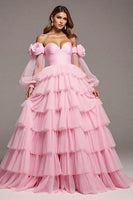 Load image into Gallery viewer, Floral Pink Tulle A Line Maxi Prom Dress with Ruffles