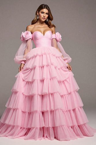 Floral Pink Tulle A Line Maxi Prom Dress with Ruffles