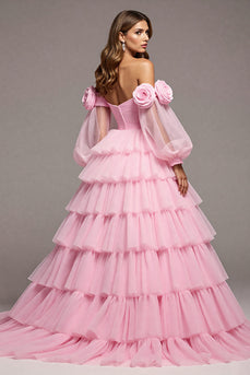 Floral Pink Tulle A Line Maxi Prom Dress with Ruffles