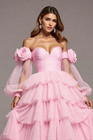 Load image into Gallery viewer, Floral Pink Tulle A Line Maxi Prom Dress with Ruffles