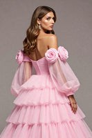 Load image into Gallery viewer, Floral Pink Tulle A Line Maxi Prom Dress with Ruffles